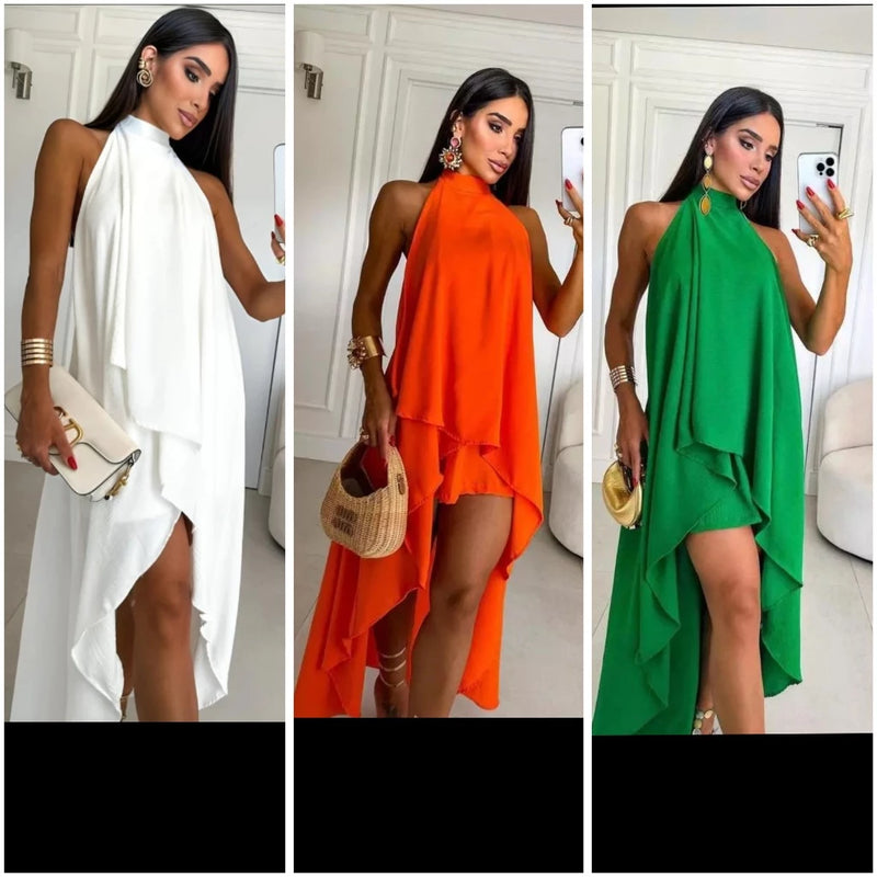 Vestido Laise alongado com babados e com amarração em pescoço.