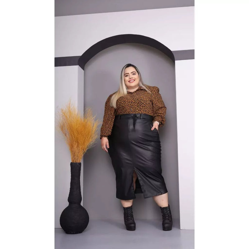 Saia Midi Couro Ecologico Fake Com Muito Elastano