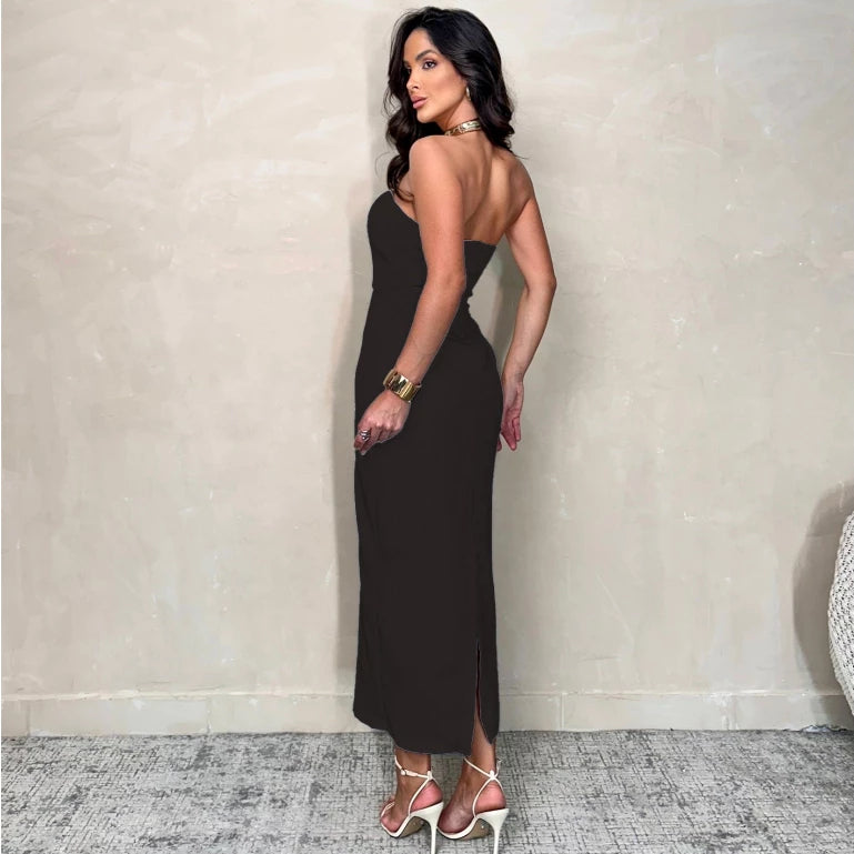 Vestido Midi Alfaiataria Busto Barbatana Fenda nas Costas