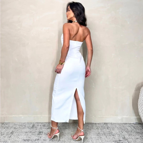 Vestido Midi Alfaiataria Busto Barbatana Fenda nas Costas