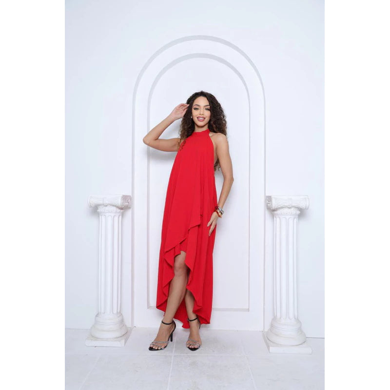 Vestido Laise alongado com babados e com amarração em pescoço.