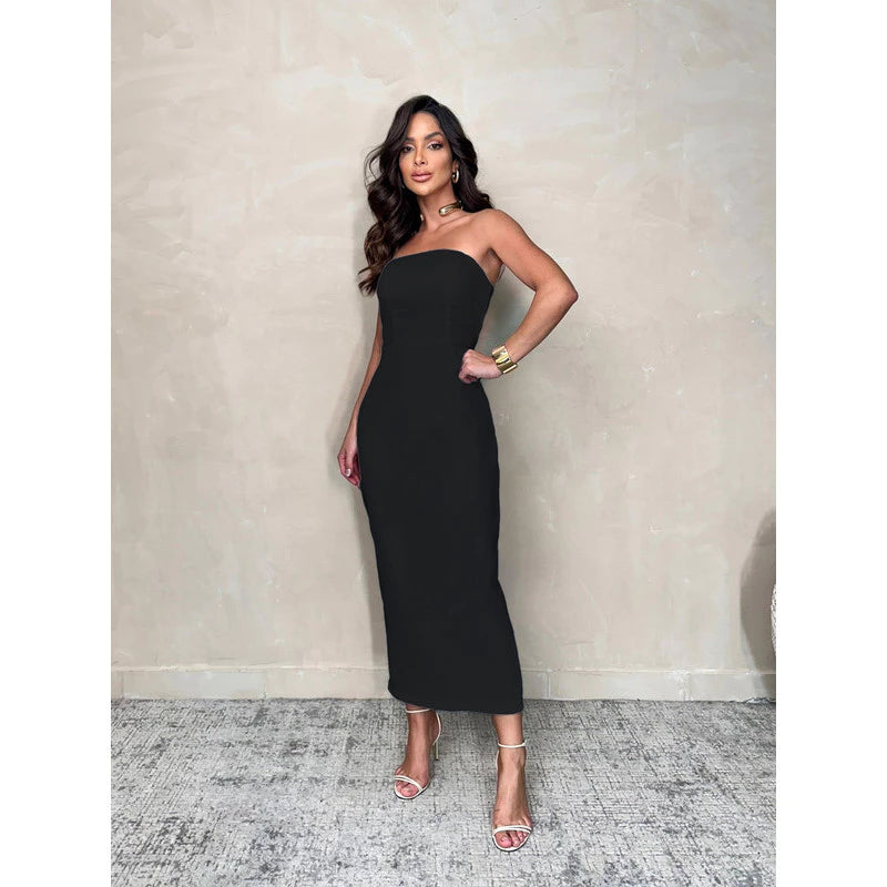 Vestido Midi Alfaiataria Busto Barbatana Fenda nas Costas